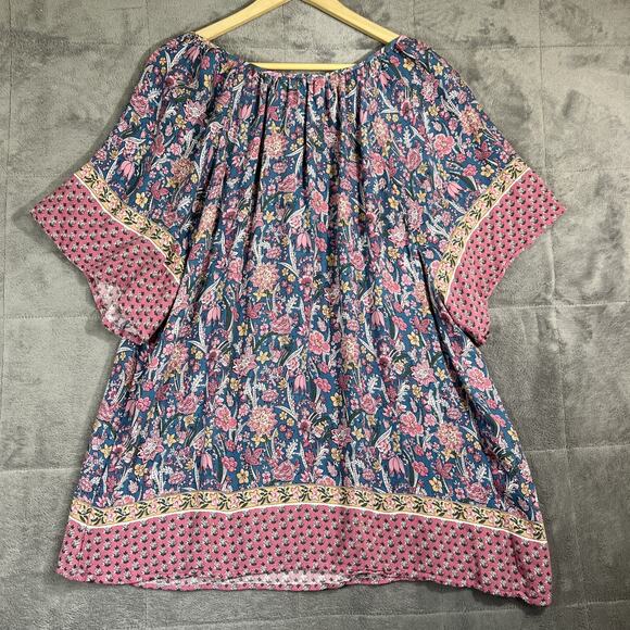 Cynthia Rowley Blouse Women's 1X Soft Floral Pink Blue Boho Tassels Peasant - Picture 6 of 10